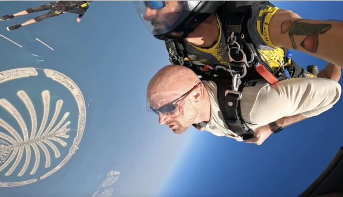 Chad E. Foster skydiving in Dubai, UAE